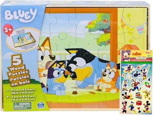 Bluey 5 rompecabezas de madera con caja de almacenamiento, 72 calcomanías exclusivas de Mickey Mouse Clubhouse y Star Wars más de 300 calcomanías