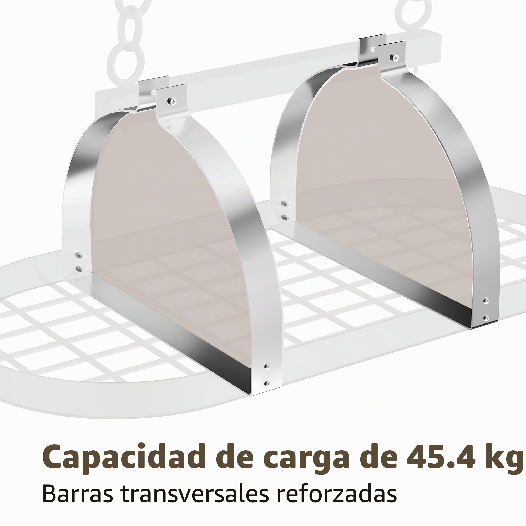 KES KUR221S85-CH - Soporte de techo cromado resistente de 86 cm, estante ovalado para colgar ollas y sartenes, organizador de almacenamiento de cocina con 20 ganchos en S (para vigas de techo de 16 y