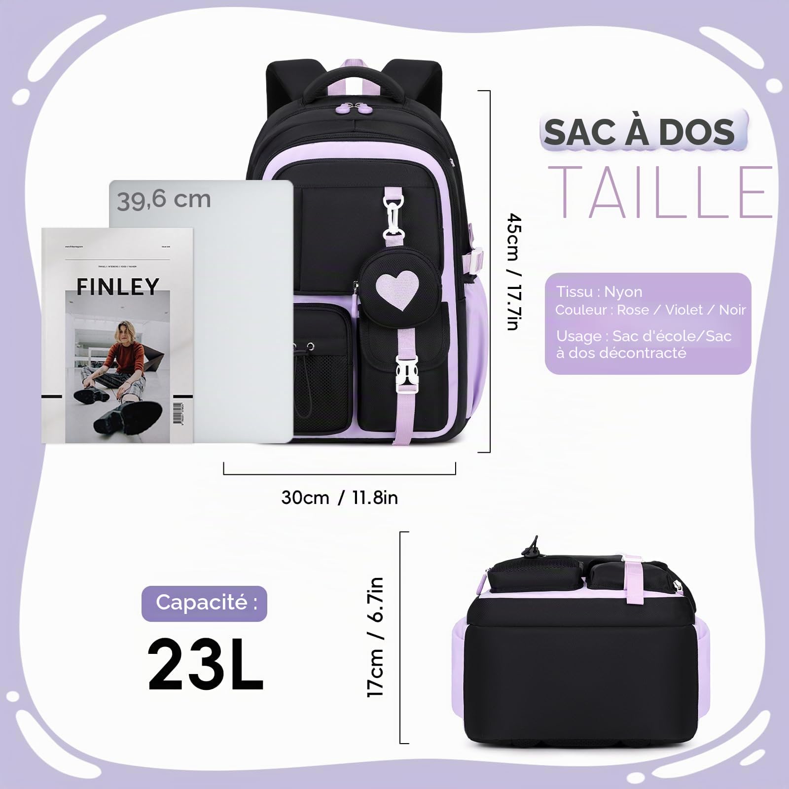 Amythe Cartable Fille Primaire CE1 à CM2 avec Pochette de Monnaie, Noir