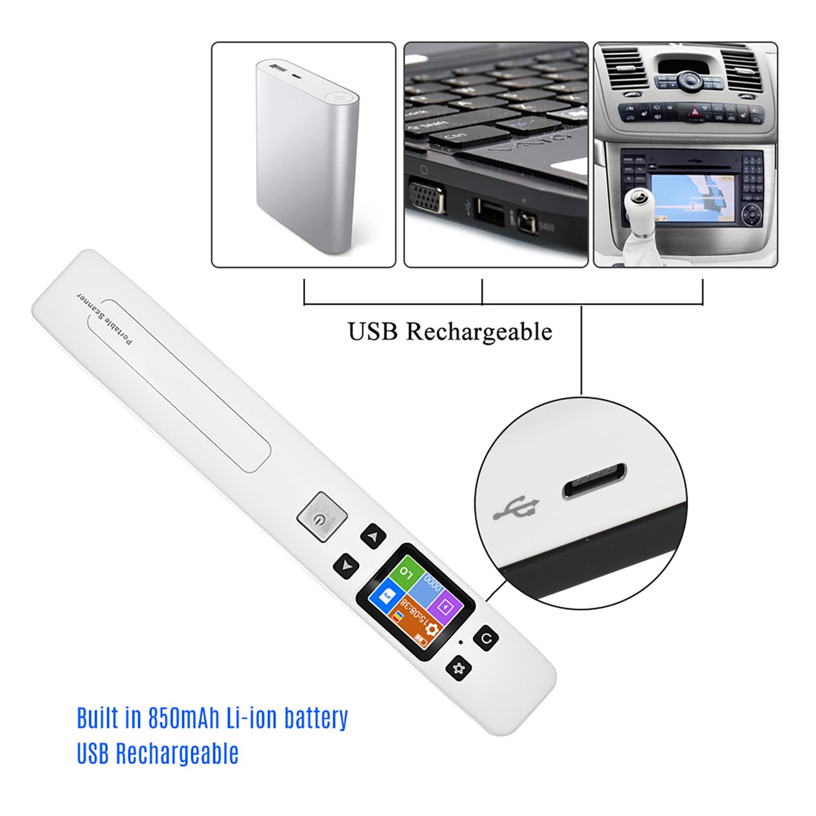 Scanner per Documenti Scanner Portatile a Bacchetta 1050 DPI WiFi JPEG PDF Display LCD Batteria Ricaricabile Supporto Scheda TF Doppio Rullo Margine per Documenti Ricevute (Funzione Wi-Fi)