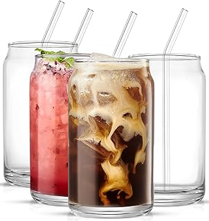 Drinking Glasses Set of 4 - Can Shaped Glass Sake Cups with Straws, 16oz Iced Coffee Glasses, Iced Tea Glasses, Tumbler Cup, Cocktail Glasses, Whiskey Soda Clear Water Cup, Beer Glasses.