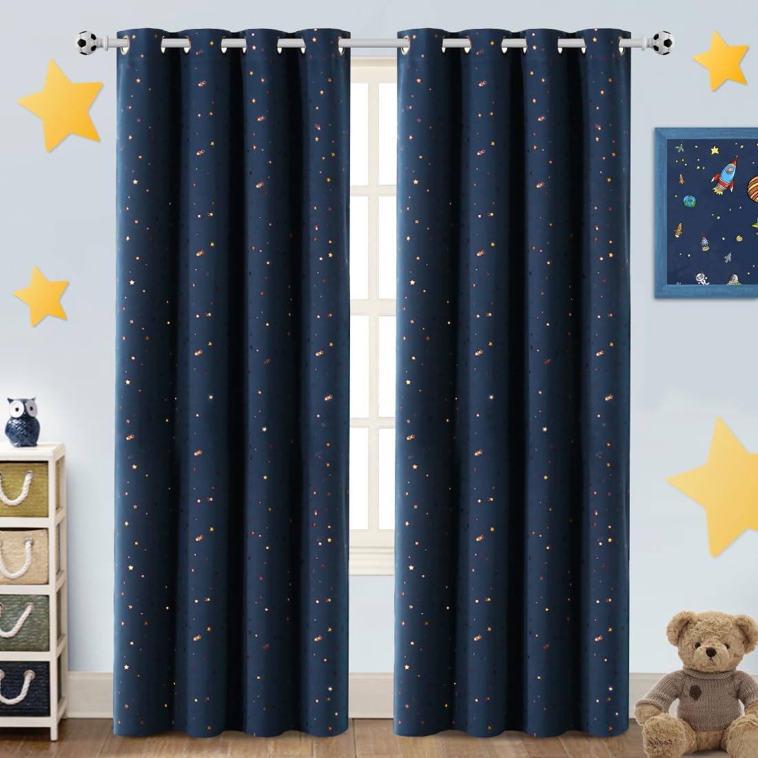 PrinceDeco Blackout Kids Curtains for Bedroom Thermal Insulated Bronze Twinkle Star Curtains for Boys Antique Grommet Top Window Treatment 2 Panels Drape for Nursery (52