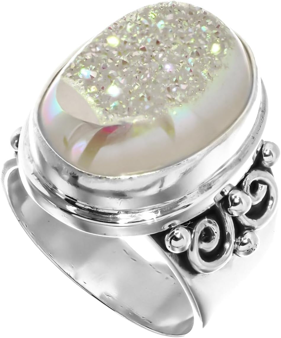 FifiRose Opalesque White Iridescent Titanium Druzy 925 Sterling Silver Sz 6 Ring, 7/8" p83342