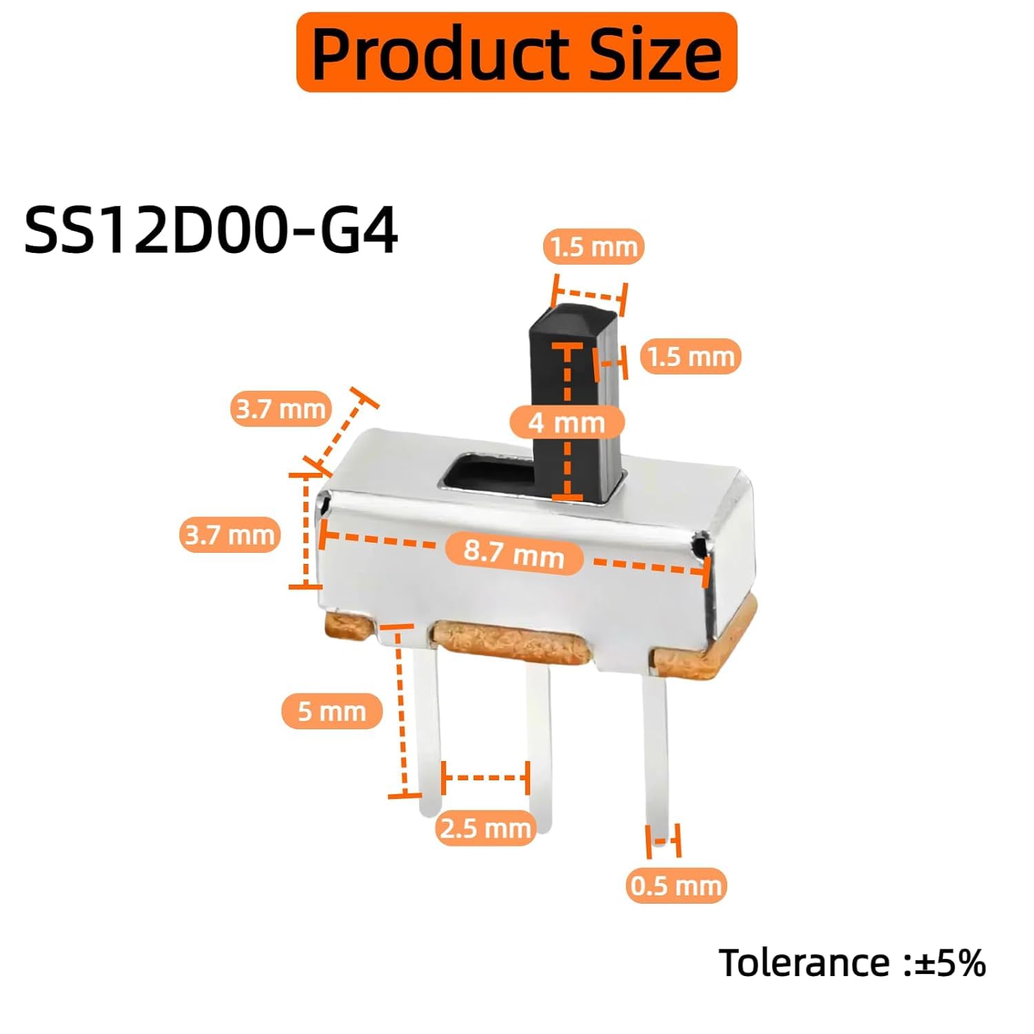 100PCS 4mm High Knob Vertical Micro Mini Slide Switchs,3 Pin 2 Position 1P2T SPDT Toggle Switches Panel Mount DC 50V 0.5A (QYSS12D00)