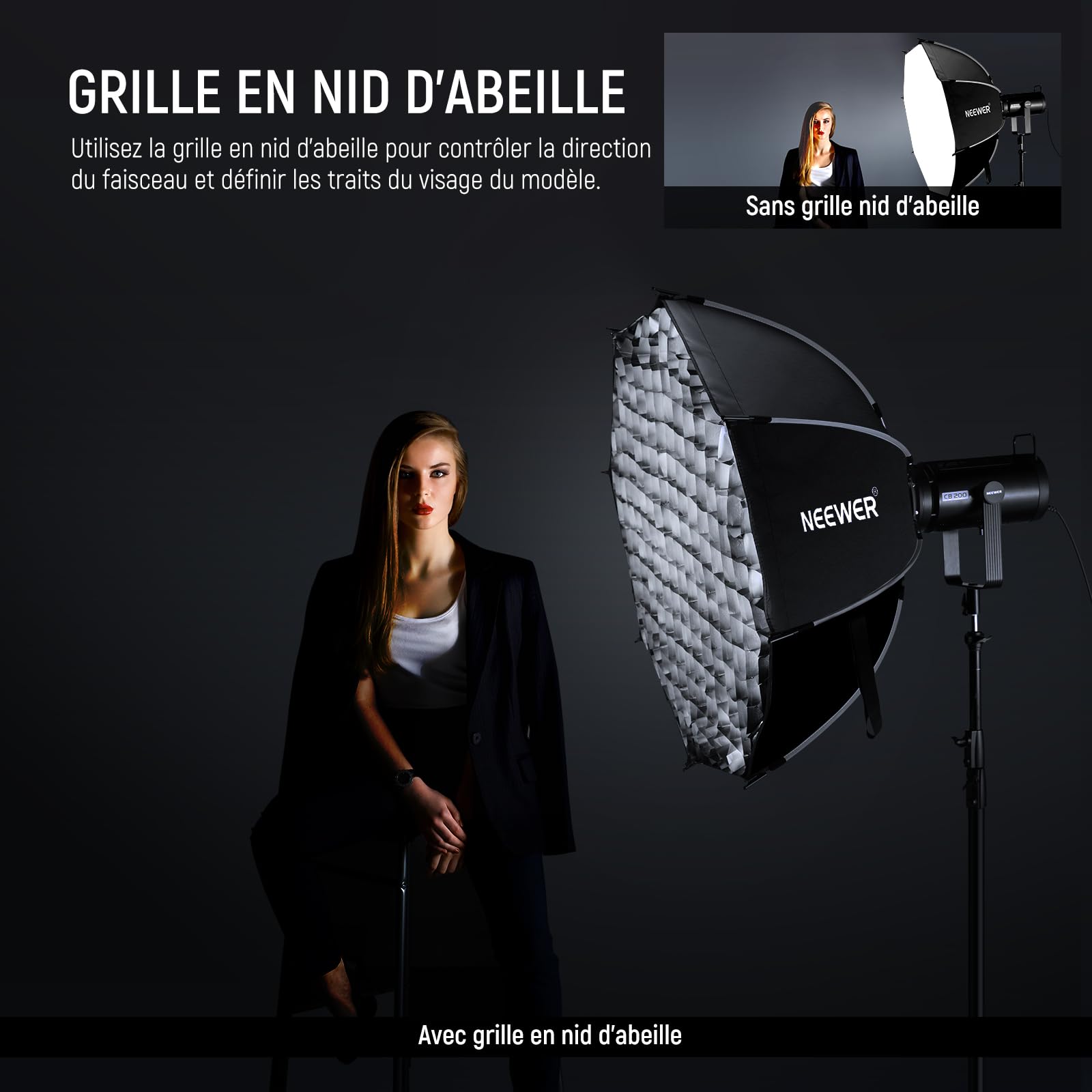 NEEWER 35,4'' Boîte à lumière parabolique octogonale,Monture Bowens,Compatible avec Aputure 120d et Godox SL60w Q4 AS600B CB300B Q300.Accessoires Inclus:diffuseurs,Grille,Sac&Chiffon Nettoyage(NS92P)