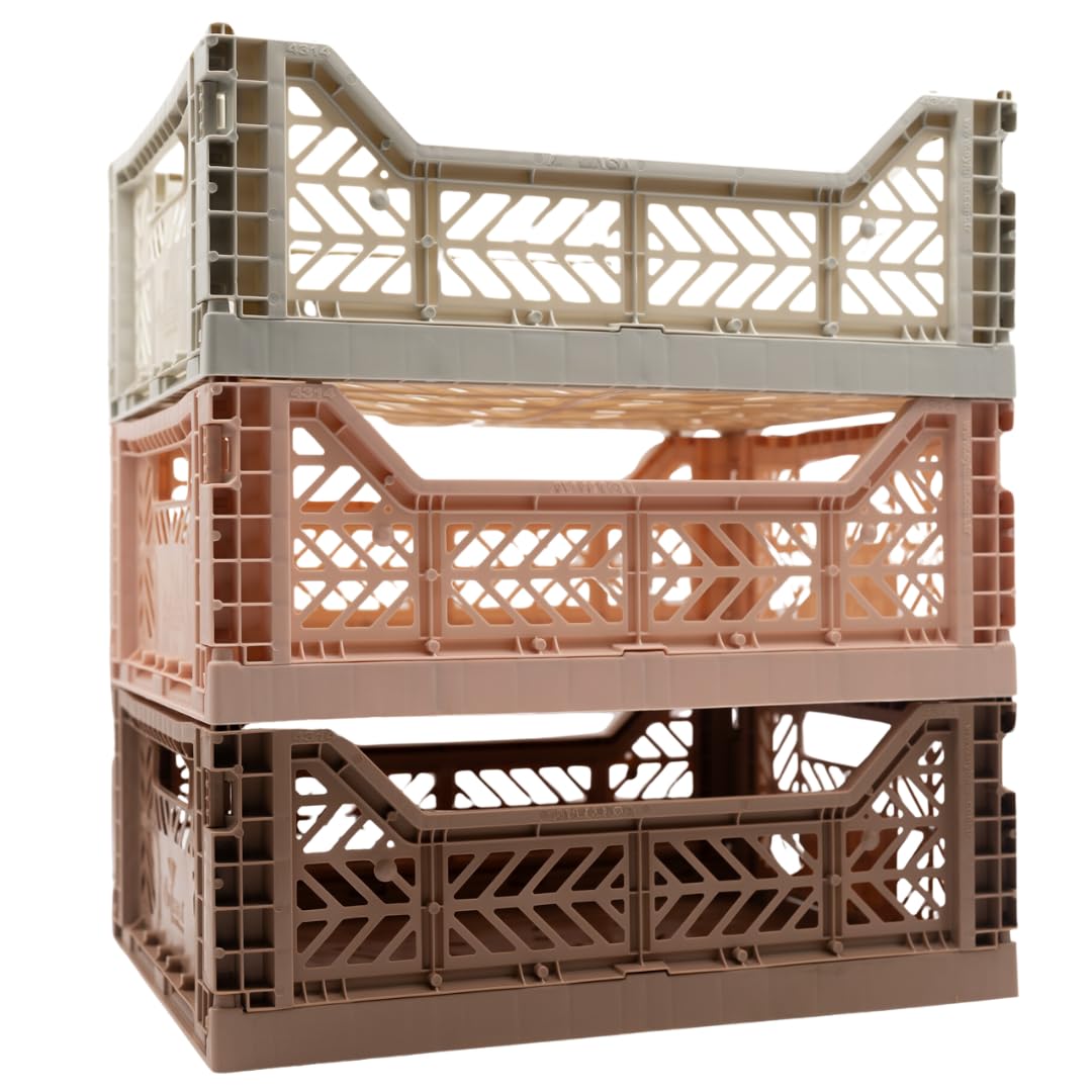 Collapsible Storage Box, Foldable Crate Organizer Bin with Handle, Stackable Crates for Home Organization (Peach-Brown-LightGray, 14L - 3 Pack)