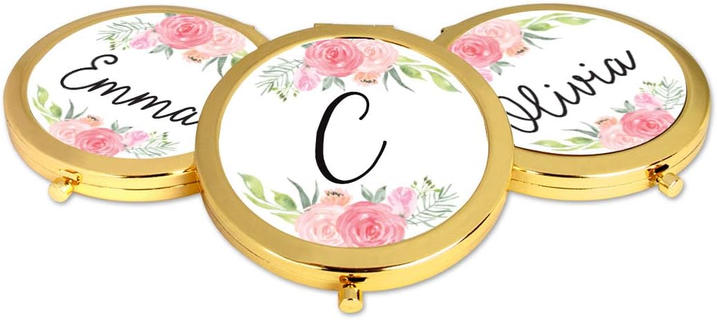 Andaz Press Compact Mirror Bridesmaid's Wedding Gift, Gold, Monogram Letter C, Peach and Pink Roses, 1-Pack, Bachelorette Bridal Shower Wedding Party Gifts