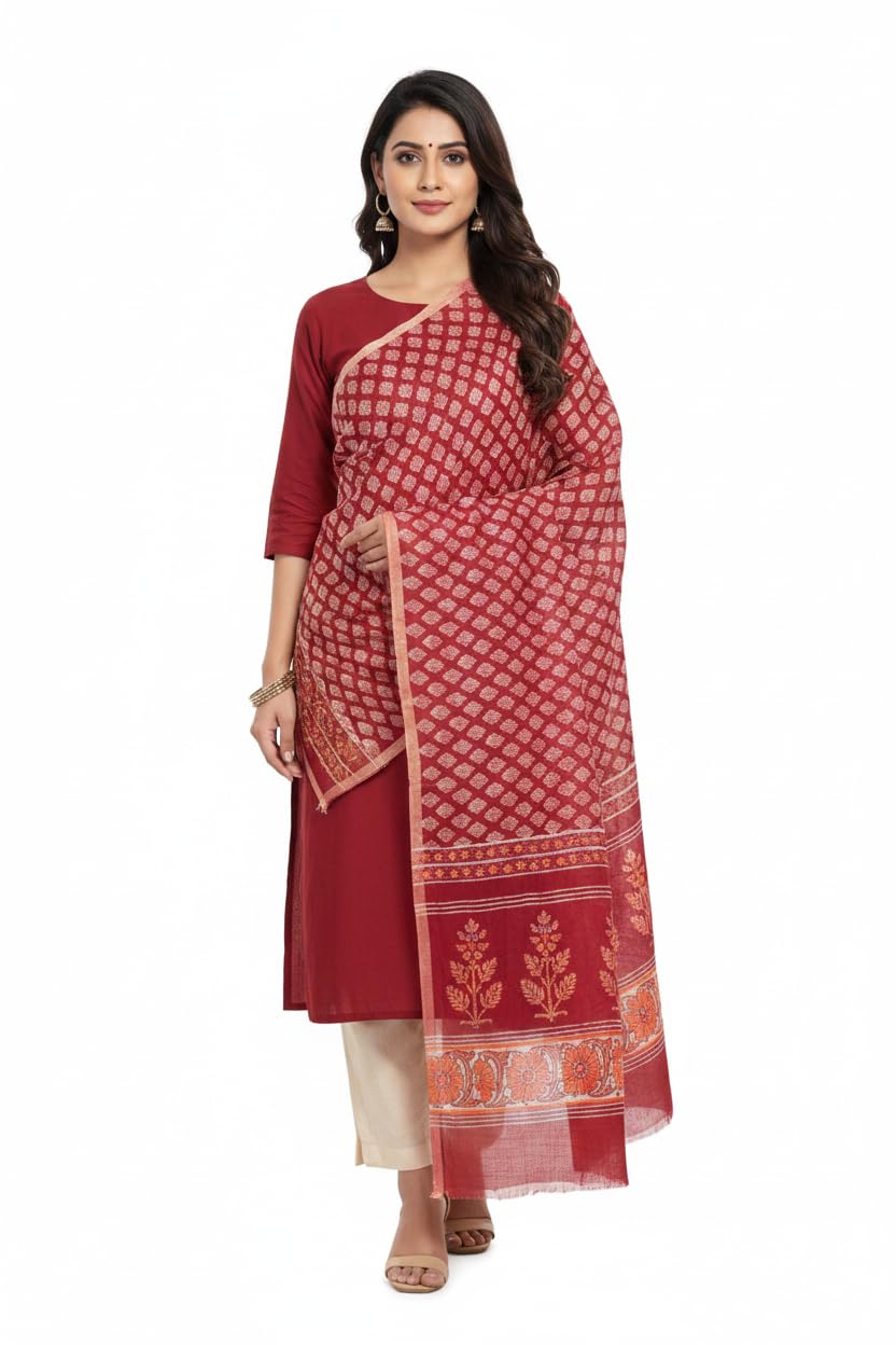 Maroon Beige Mul Cotton Dupatta | Sanganeri Buti Block Print | 250x120cm – ISYVSK-A17-image-19