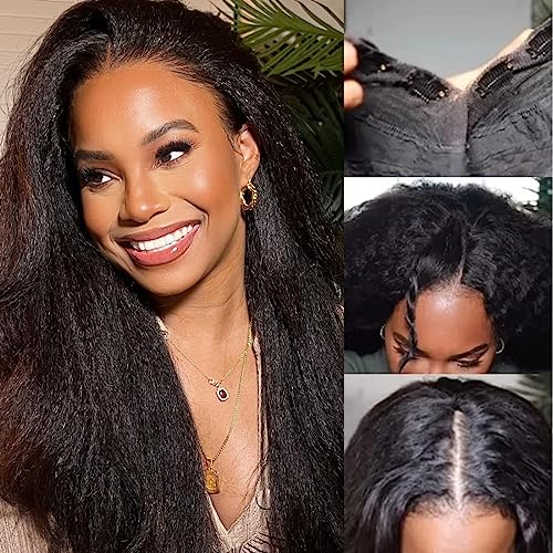 Image of KLAIYI V Part Kinky Straight Human Hair Glueless Wear and Go Wig Upgrade U Part Wigs for Women No Glue No Leave Out Yaki Straight None Lace Front Clip In Half Wig Ready to Go Beginners 24Inch