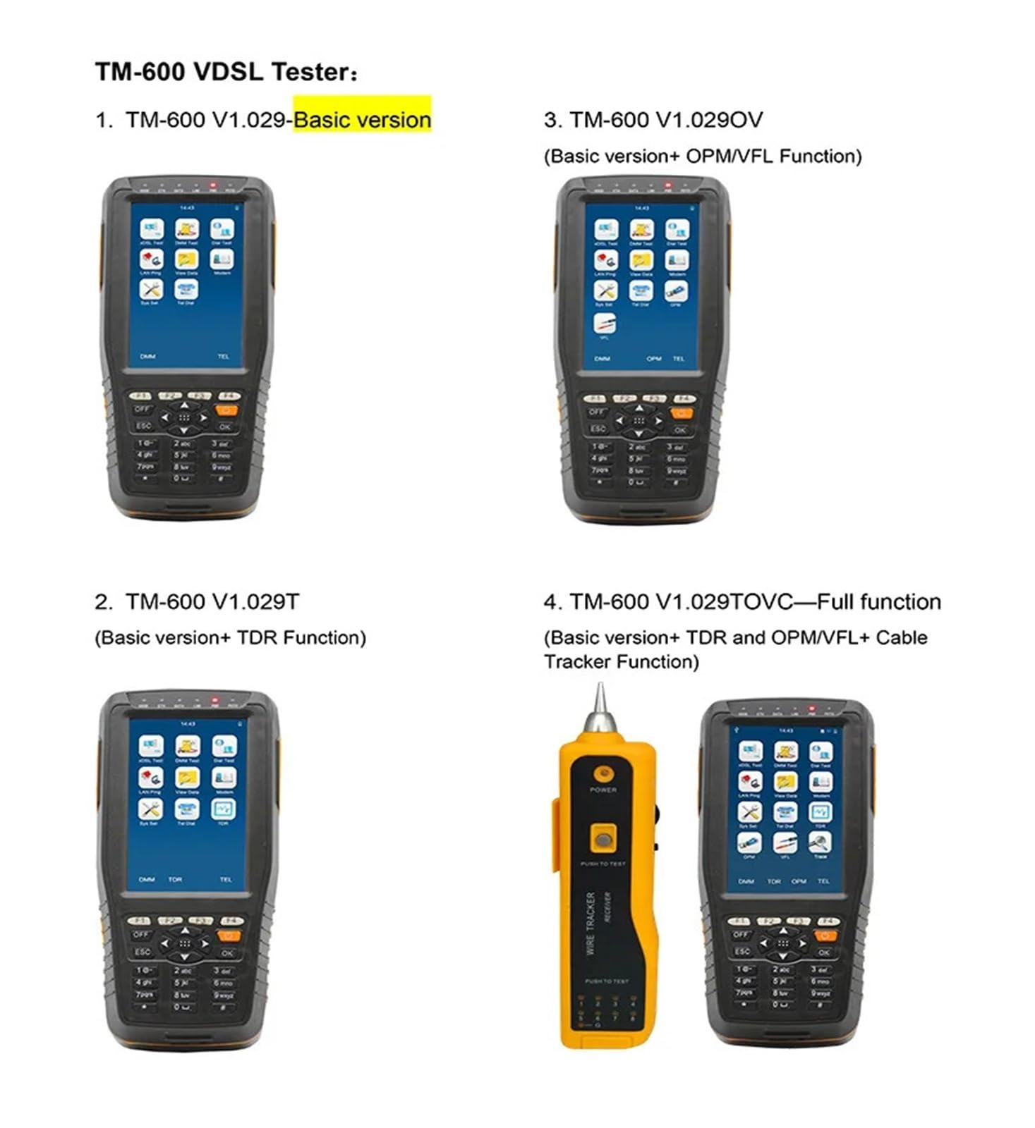Palmare TM-600 VDSL ADSL OPM VFL TDR Tone Tracker Tester Line Test Equipment Tracker cavi con display digitale LCD Alta sensibilità, basso errore(TM-600OV VDSL)