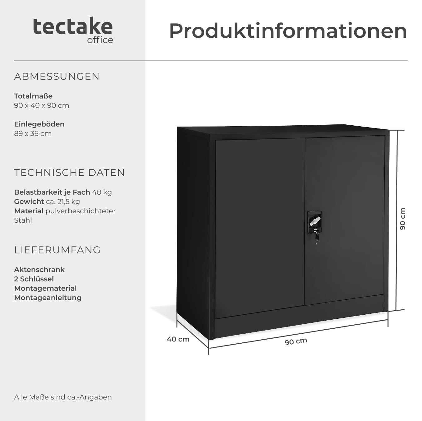 tectake® Aktenschrank abschließbar, Metallschrank mit Sicherheits-Zylinderschloss, Büroschrank abschließbar, Mehrzweckschrank aus Stahl, 3 höhenverstellbare Einlegeböden, 90 x 40 x 90 cm - schwarz