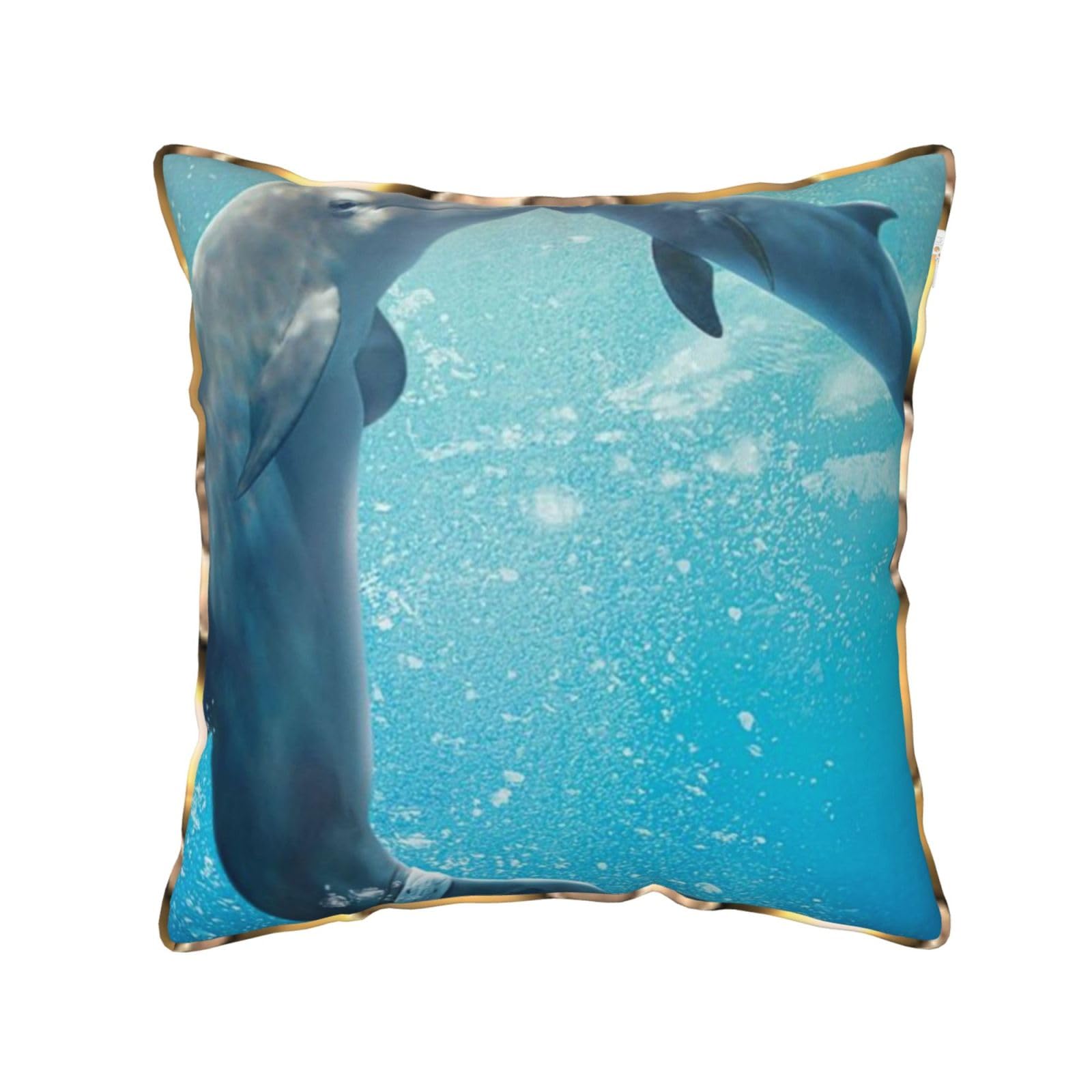 AUBKFELD winter the dolphin Printed Velvet Cushion Cover 45x45 CM with Gold Edging Strip, Square Pillowcase Soft Throw Pillow Covers Case Decorative for Living Room Sofa Couch Bed Bench