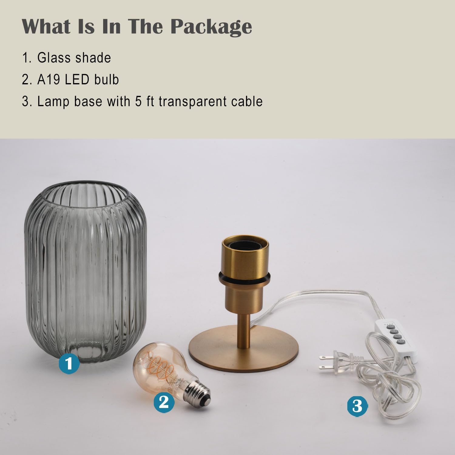 Mid Century Glass Table Lamp,Dimmable Desk Lamp,LED Bulb Included,Timer Build-in,Smoky Grey Ribbed Glass