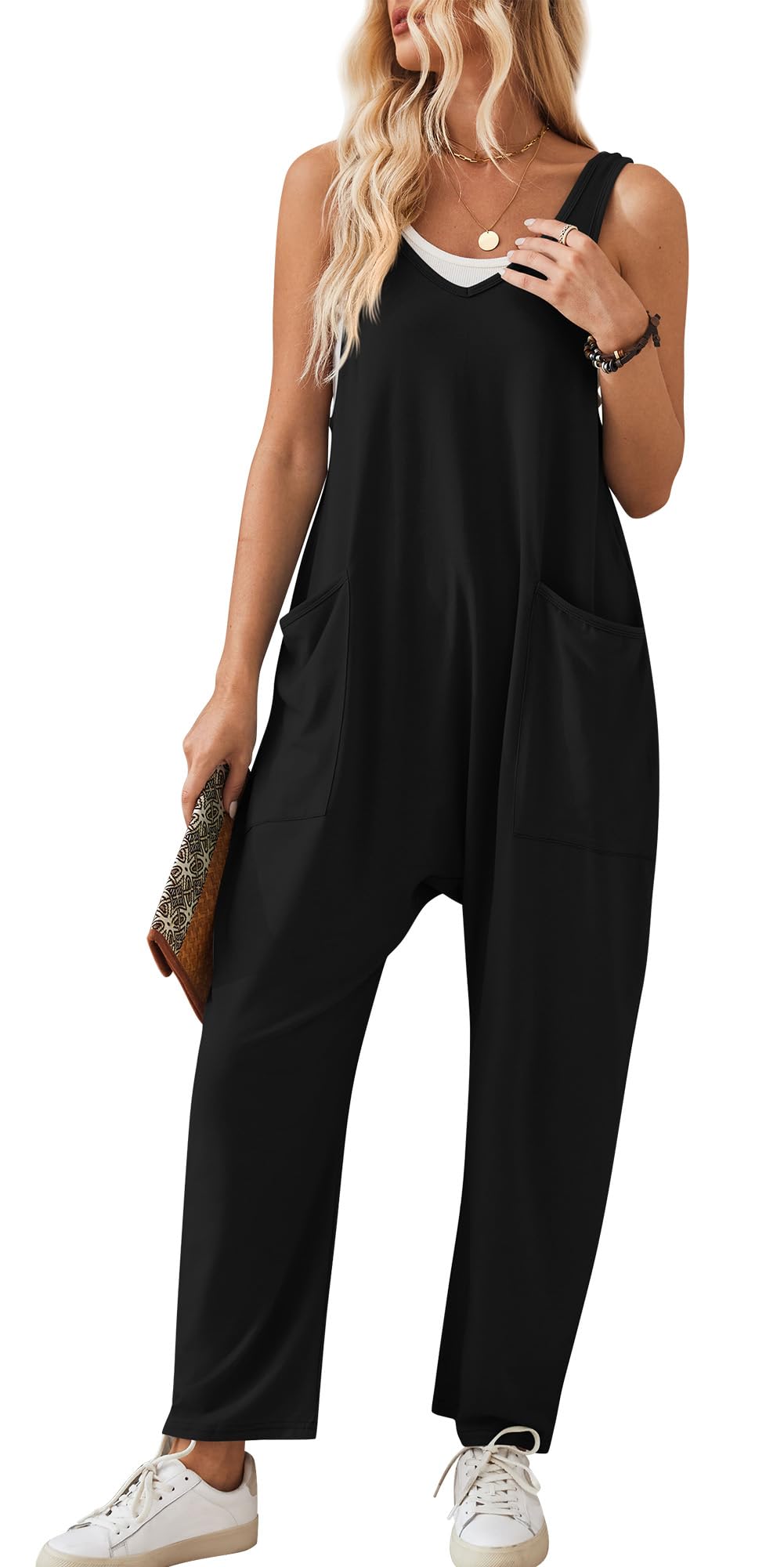 Panegy Salopette da donna in maglia Casual Baggy Salopette senza maniche con tasche Pantaloni pettorina in cotone allentati Jumpsuits