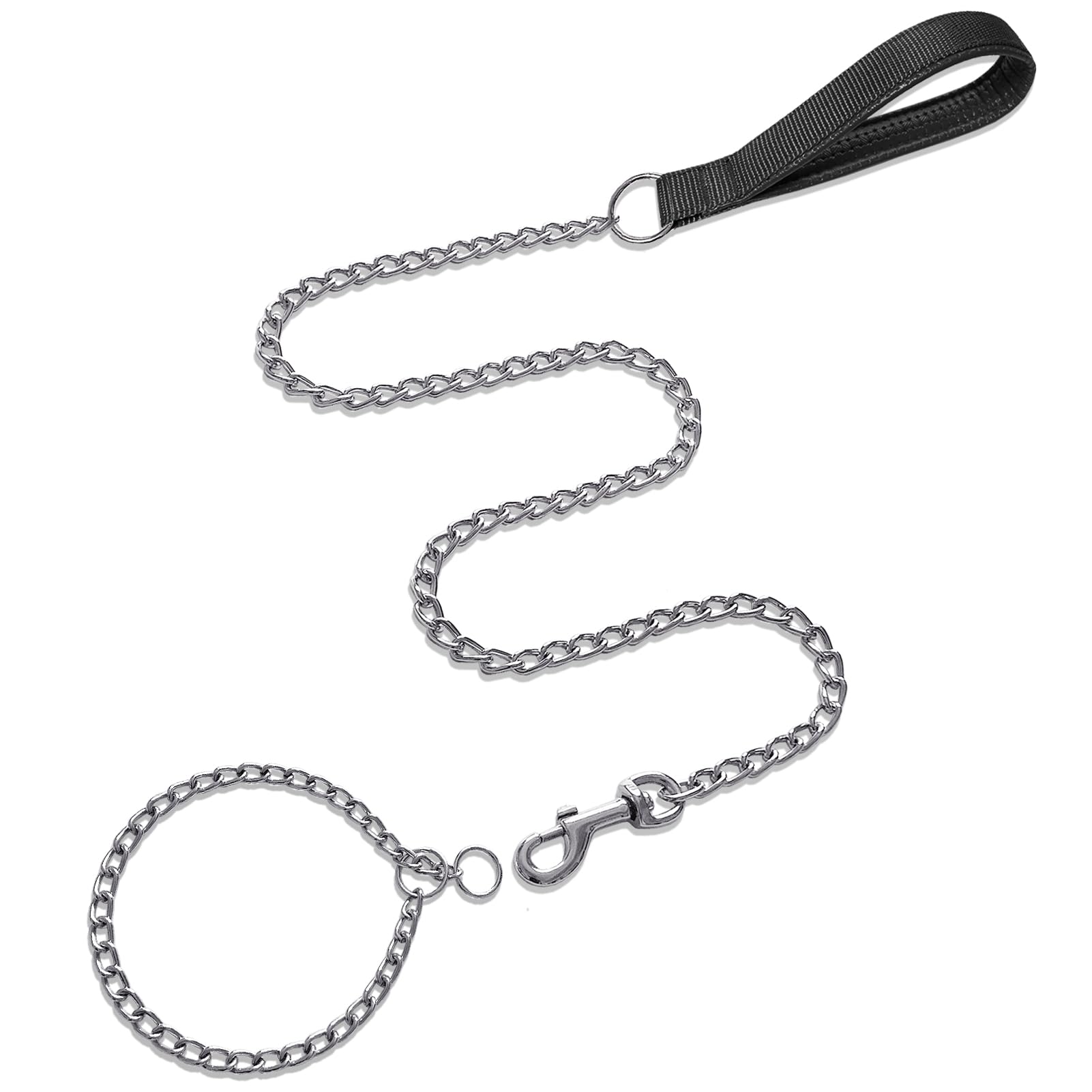LOS ANDES Metal Dog Leash and Collar Set, 4FT Chew Proof Leash Heavy Duty Dog Chain Leash for Medium Large Dogs Comfortable Soft Padded Handle with
