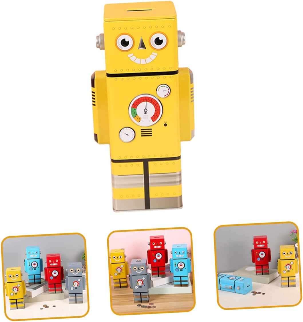 Retro Robot Piggy Bank for Kids, Vintage Tin Money Box for Boys and Girls, Robot-Themed Coin Bank for Saving Change, Nursery Room Decor and Decorative Desk Ornament, Yellow, 1 Piece