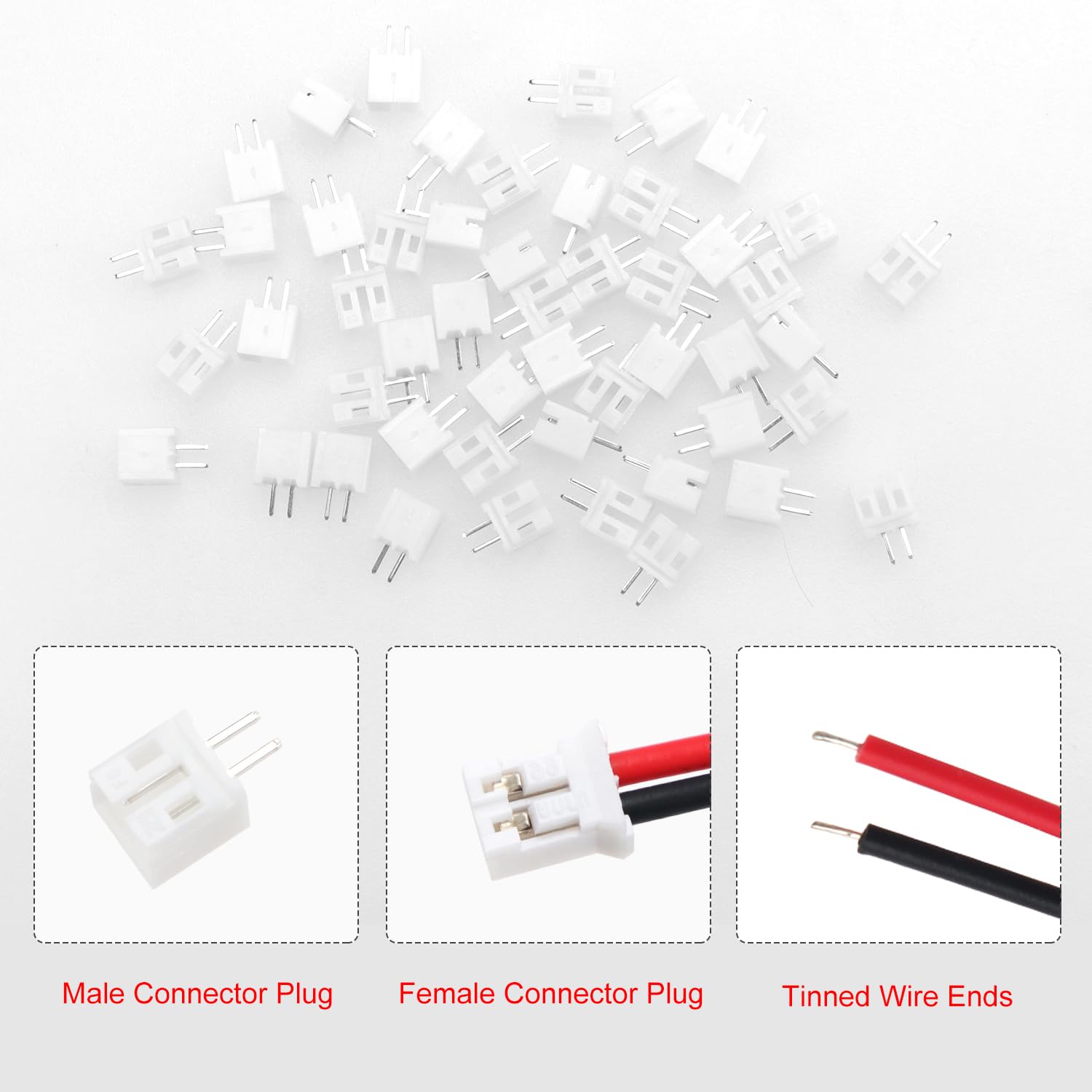 Lyeteung 50 Sets Mini Micro JST 2.0 PH 2 Pin Connector Plug Male with 150mm 22AWG Cable & Female Connector (Black Red) - Image 3