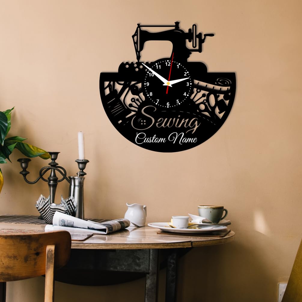 JeathFea Sewing Machine Themed Wall Clock - Wooden Record Wall Art - Home Office Decoration Gift for Tailor, Needlewomen, Dressmakers