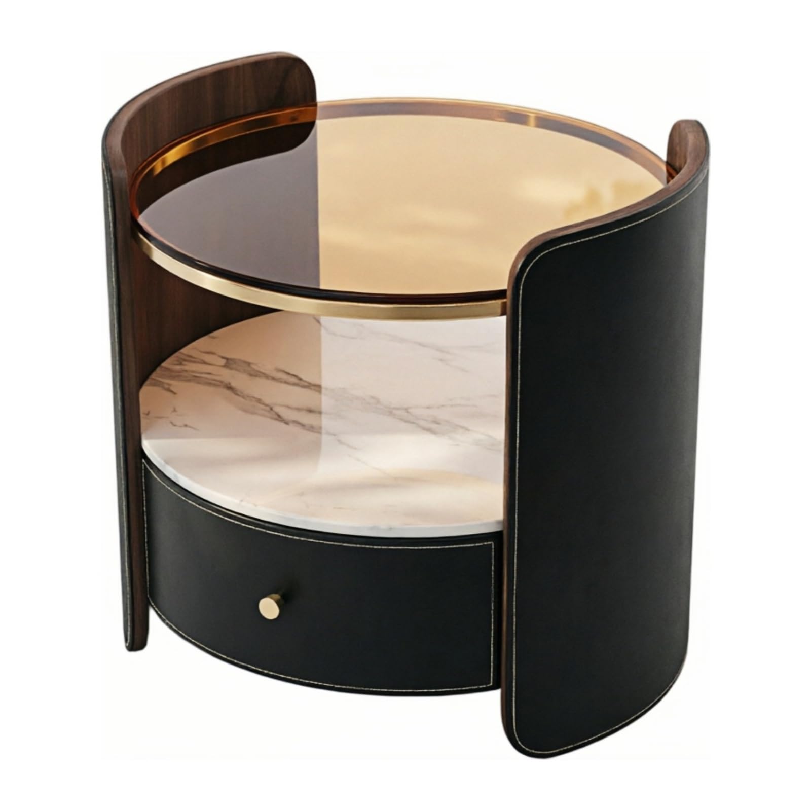 guiling-1986 Bedside Table Nightstand Cylindrical Body Glass Top Stone Slab Shelf 1-Drawer for Bedroom Nightstand(Black)