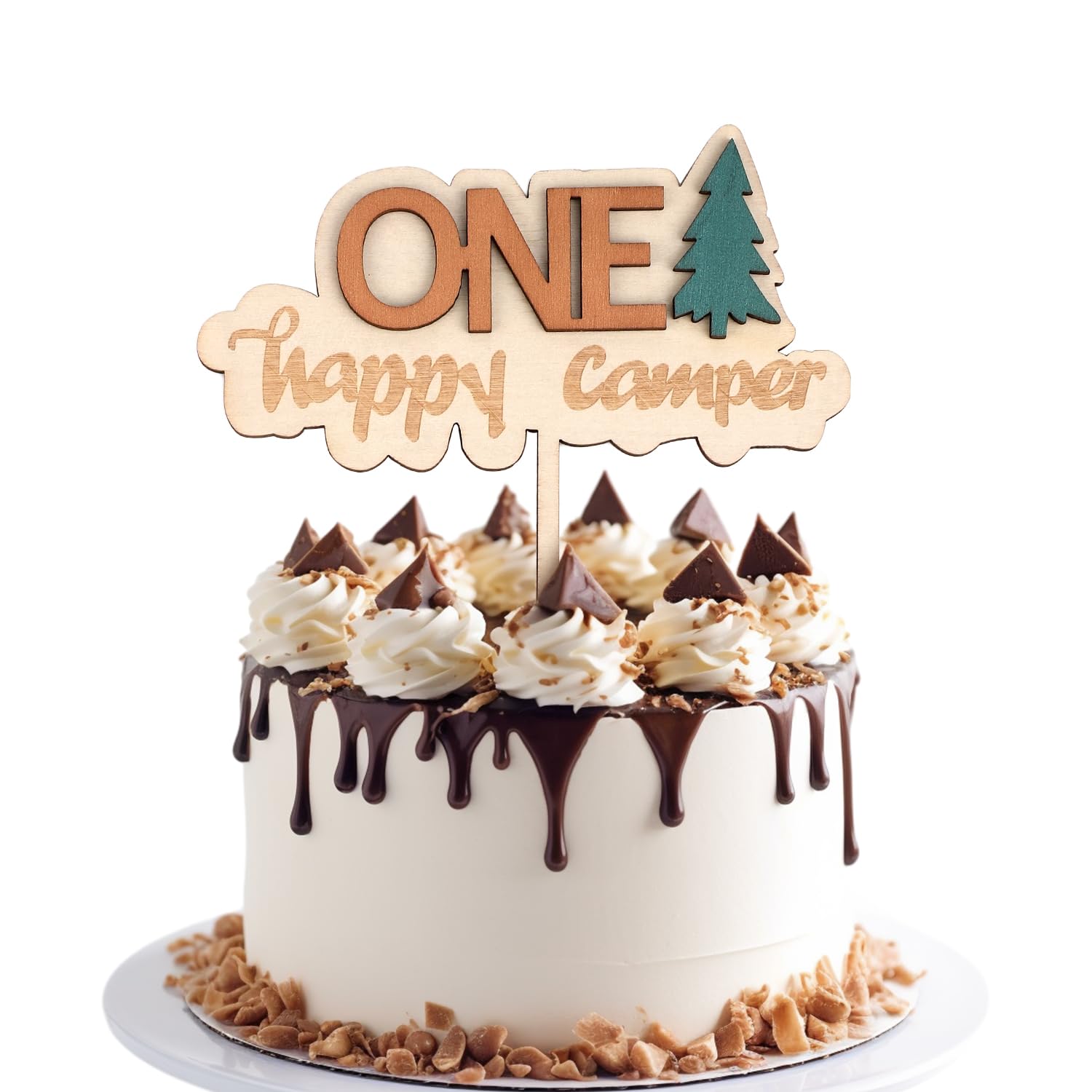First Birthday Cake Topper, Wooden One Cupcake Topper 1st Birthday Party Decoration Cake Number Photo Props Happy Camper Party Decor for Baby Shower Anniversary