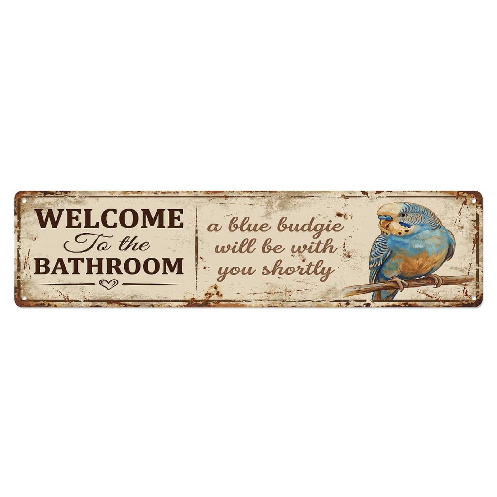 Vintage WELCOME To The BATHROOM Blue Budgie Bird Banner Metal Tin Sign