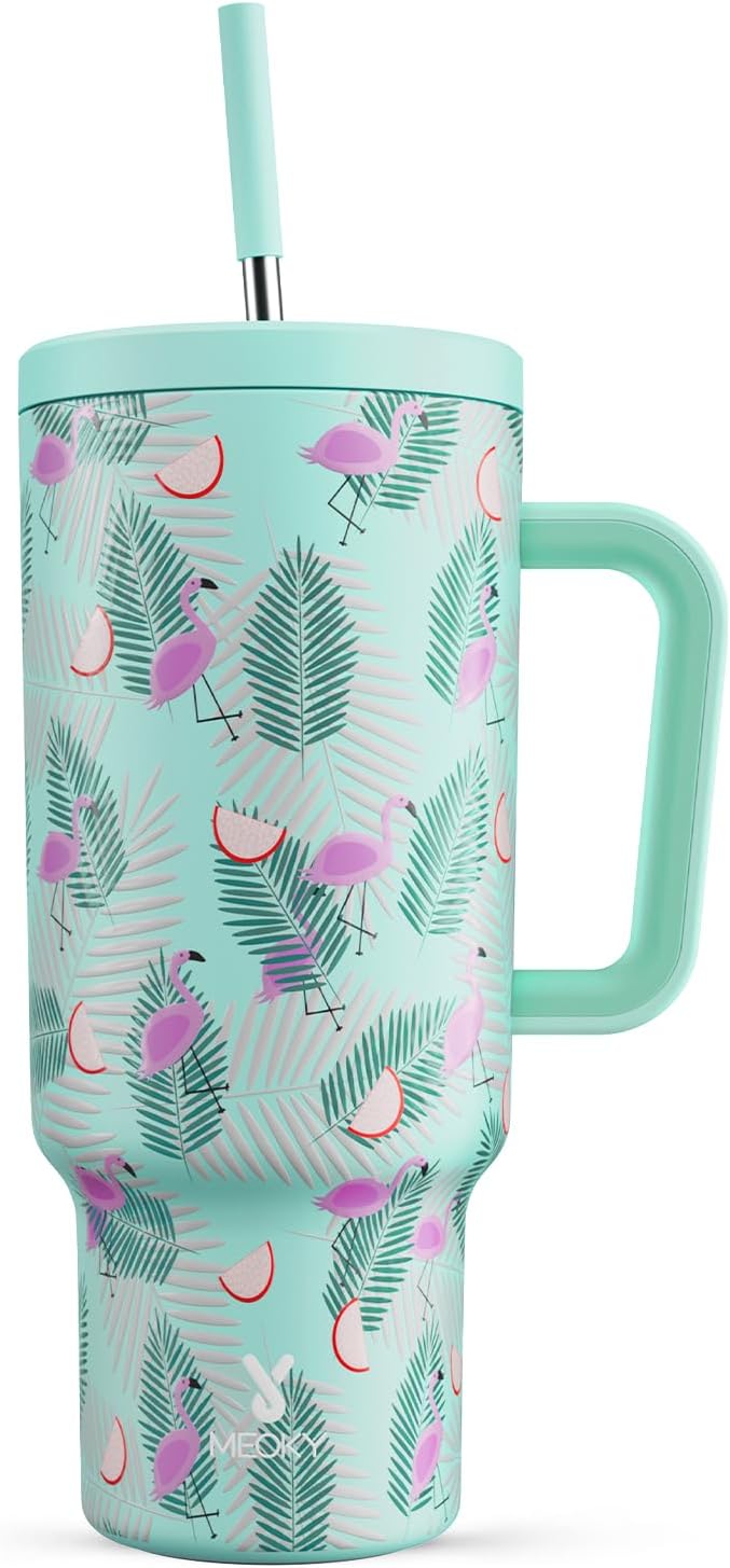 40 oz Tumbler with Handle and Straw, Tumbler with Lid and Straw, Insulated Stainless Steel Travel Mug, 100% Leak-proof, Keeps Cold for 34 Hours or Hot for 10 Hours (Blue Flamingo)