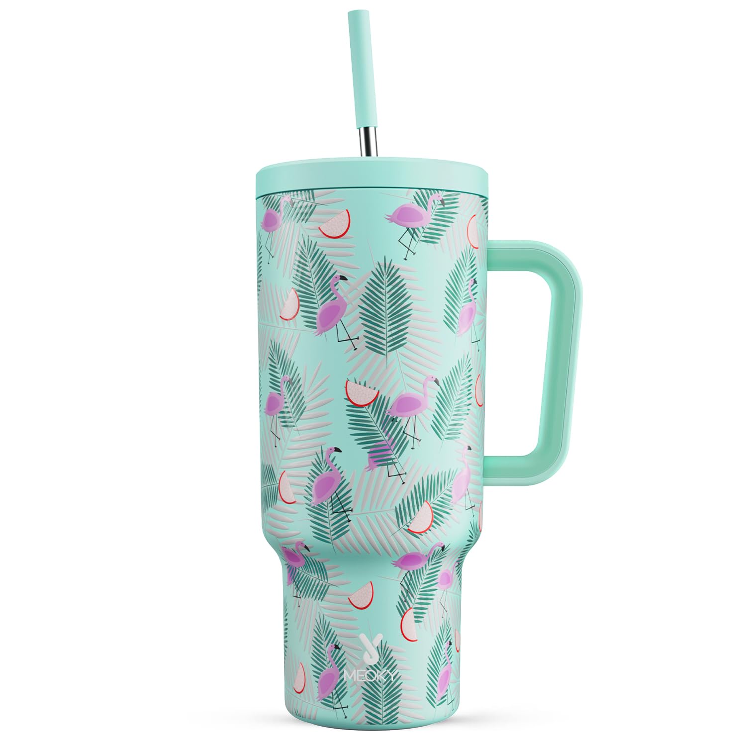 Meoky 40 oz Tumbler with Handle and Straw, Tumbler with Lid and Straw, Insulated Stainless Steel Travel Mug, 100% Leak-proof, Keeps Cold for 34 Hours or Hot for 10 Hours (Blue Flamingo)