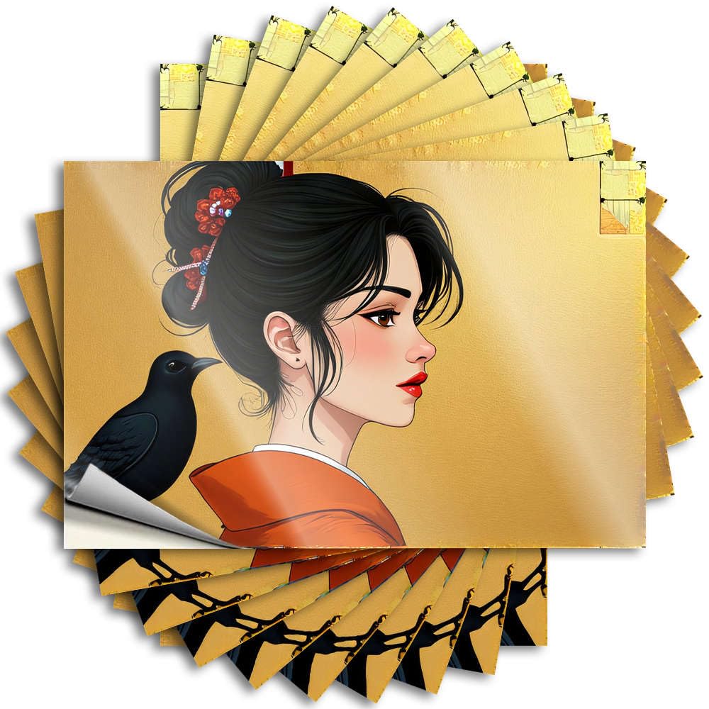 Tiki Decorations Tattoos - Cool Girl Helmet A Woman in an Orange Kimono with A Black Bird(8X12CM)