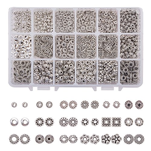 PandaHall Elite - 900 Pcs 18 Styles Perles Intercalaires Perles d'Espacement en Alliage de Style Tibétain Accessoires de Bijoux pour la Fabrication de Bijoux Collier Bracelet, Argent Antique