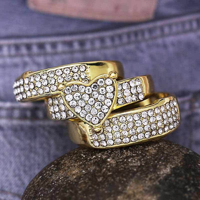 14K Gold Plated Heart CZ Ring Sets AAA Cubic Zirconia Three Row Round Faux Diamond Engagements Rings Wedding 3 Pcs Promise Anniversary White Gold Rings for Women Jewelry Gift4