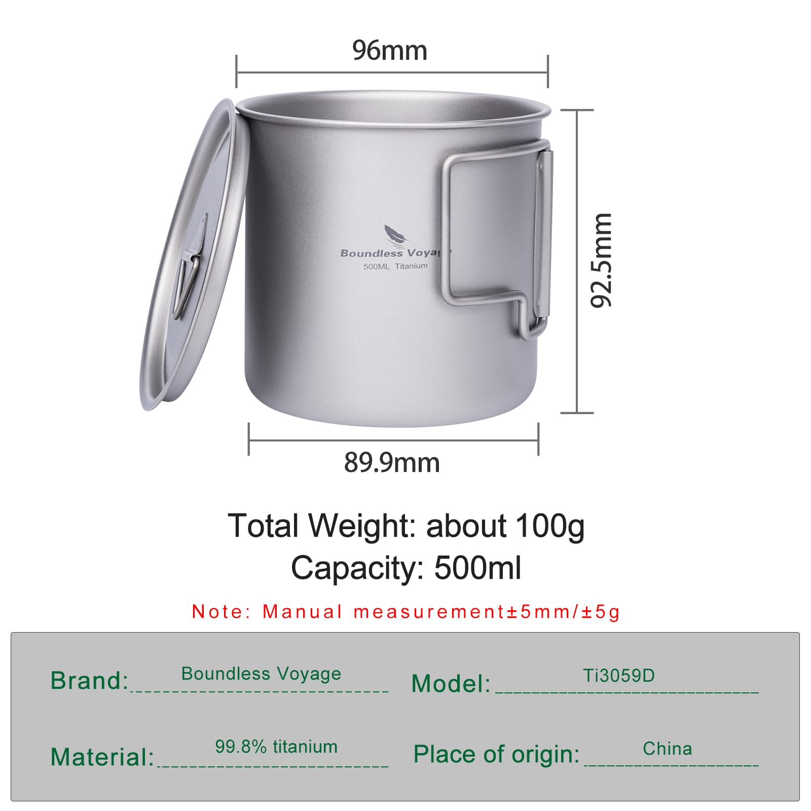 iBasingo US-Ti3059D Tasse en titane avec couvercle et poignée pliable à paroi simple pour le camping et la boisson en plein air 500 ml