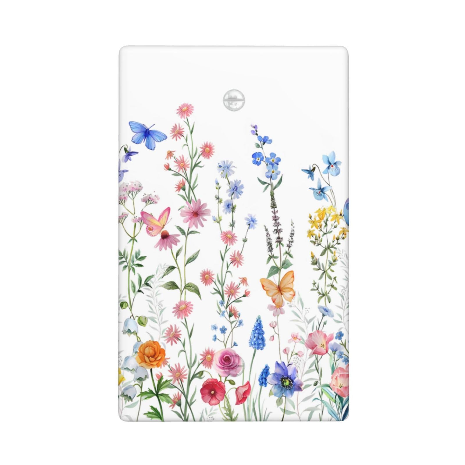 iyfcsl Vintage Boho Floral Butterfly Single Blank Light Switch Cover Wild Flowers Decorative Wall Plate Rustic Electrical Receptacle Faceplate for Bathroom Bedroom Kitchen Size 4.5 x 2.76