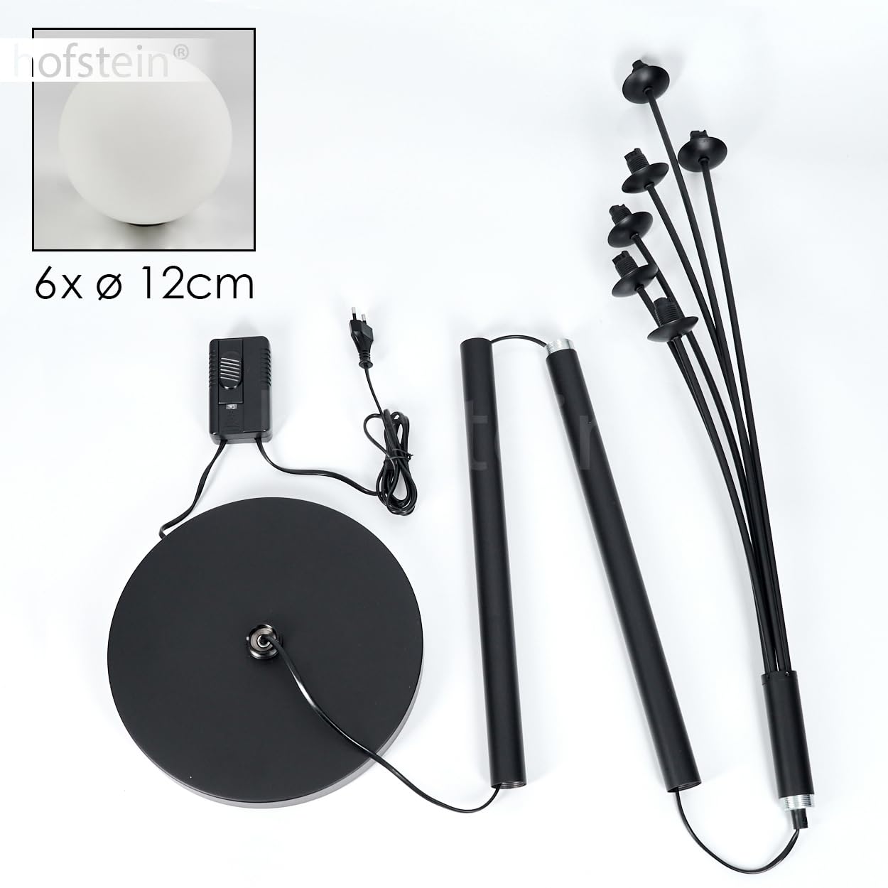 Stehleuchte Bernado, Stehlampe aus Metall/Glas in Schwarz/Weiß, Leuchte im modernen Retro/Vintage-Design mit Schirmen aus Glas (Ø 12 cm), dimmbar über Fußschalter, 6 x G9, ohne Leuchtmittel