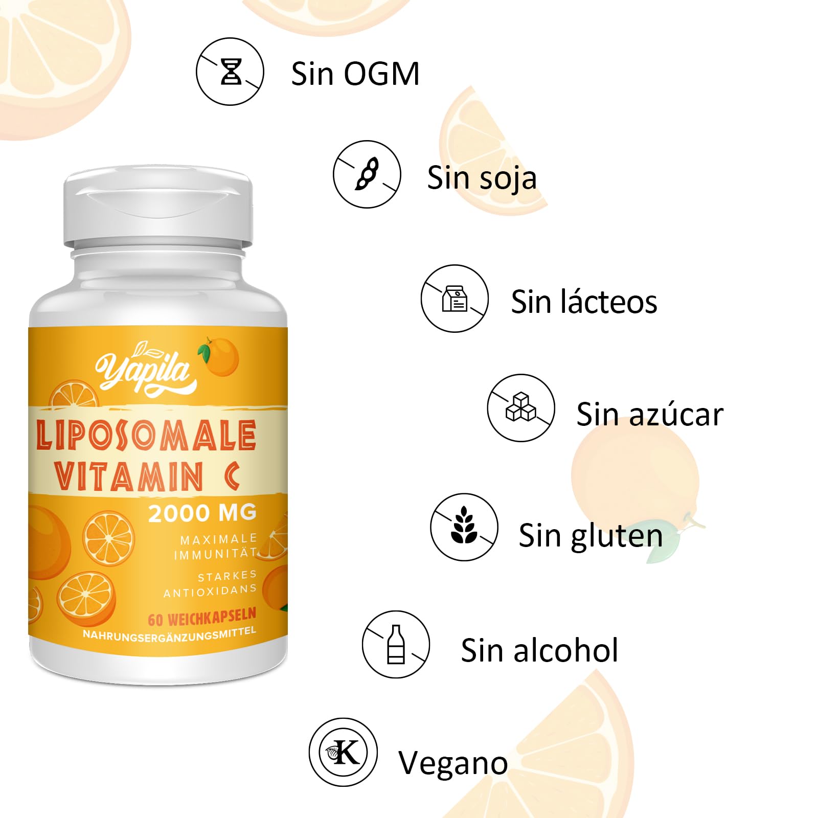 Vitamina C Liposomal 2000 mg Cápsulas - Máxima Absorción y Alta Concentración,Suplemento Antioxidante Potente,Ácido Ascórbico,Vegano, Libre de Soja
