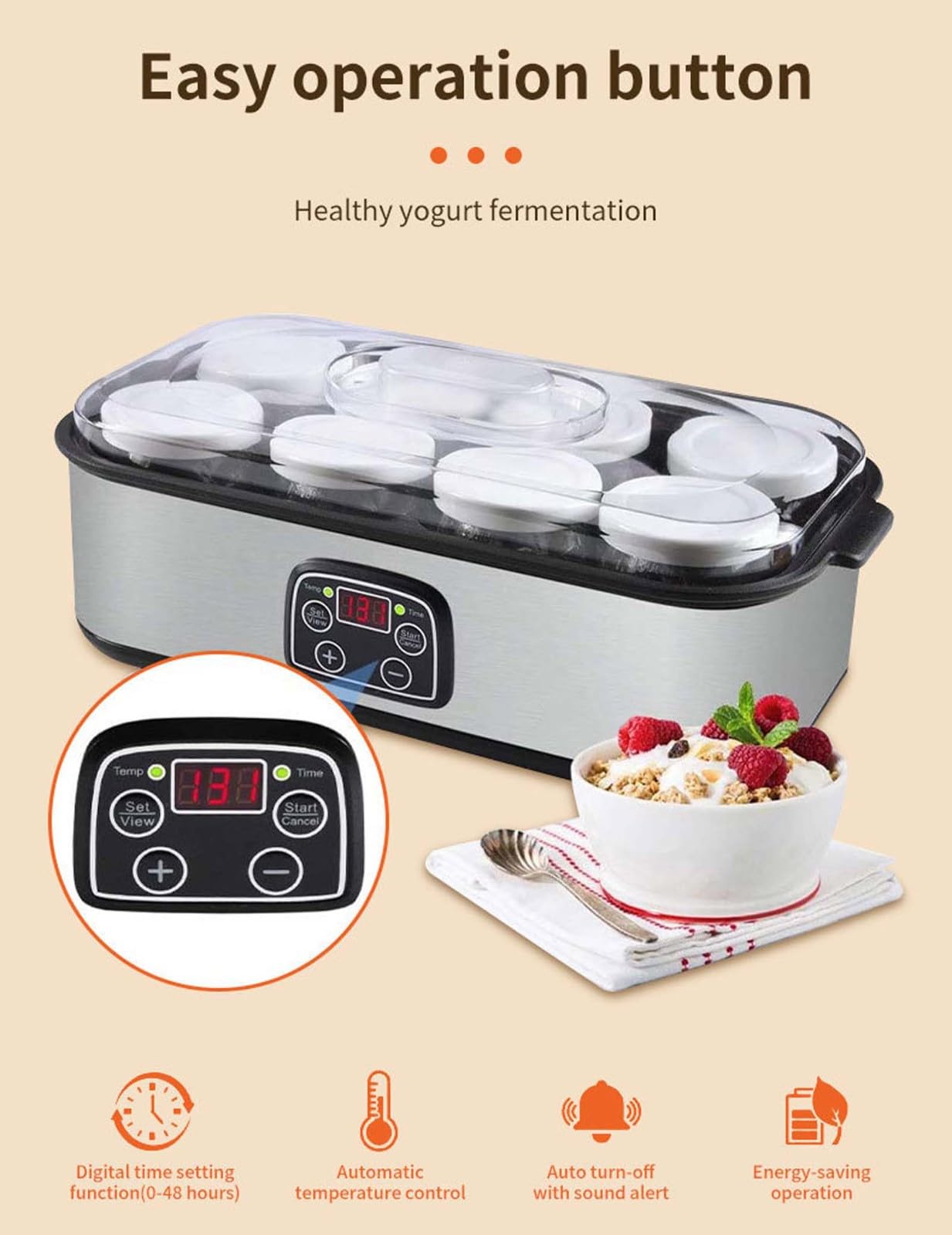 Yaourtières Ultimate, Yaourtière 1400 ml avec 8 pots en verre, Machine à yaourt avec écran LCD et minuterie, Température réglable, pour yaourt probiotique bio, Cadeau d'anniversaire Silver,1400ML