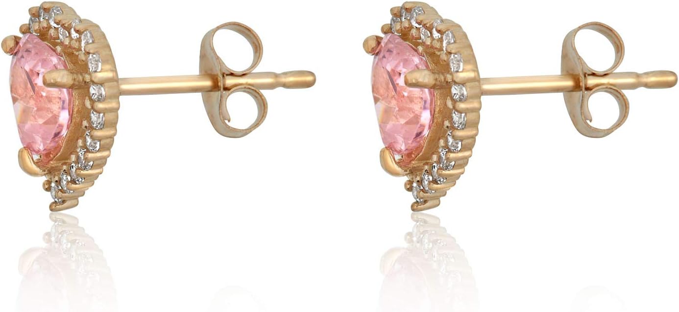 AVORA 14K Yellow Gold 5mm (0.44 Carat) Pink Simulated Diamond CZ Heart Halo Stud Earrings