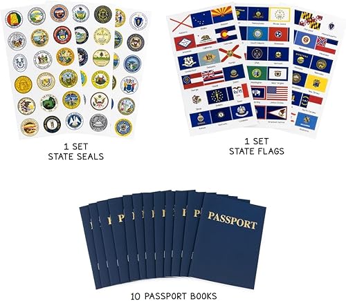 Miniatura 3 de Hygloss Productos 10 libros de pasaporte en blanco con 108 banderas y sellos de Estados Unidos, para niños y profesores, incluye las 50 banderas y