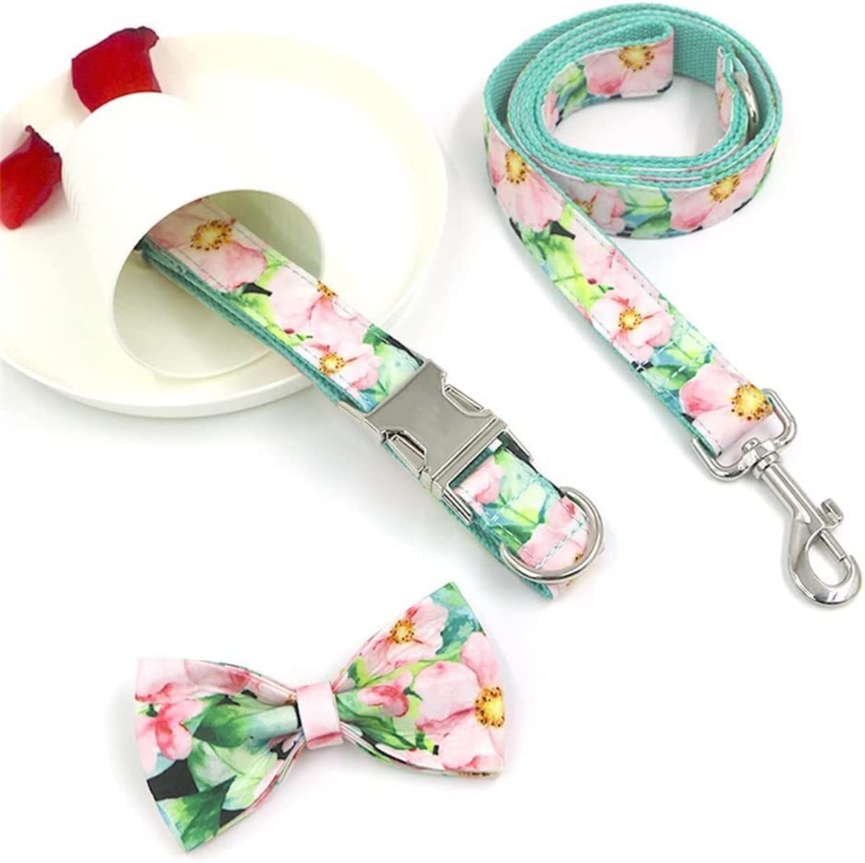 Correa Perro Correr Collar para Perro Mascota, Estampado Floral Rosa Personalizado, Bonito Conjunto De Y Correa para, Hebilla Liberación Rápida Antideslizantes Reforzada(42-48cm)
