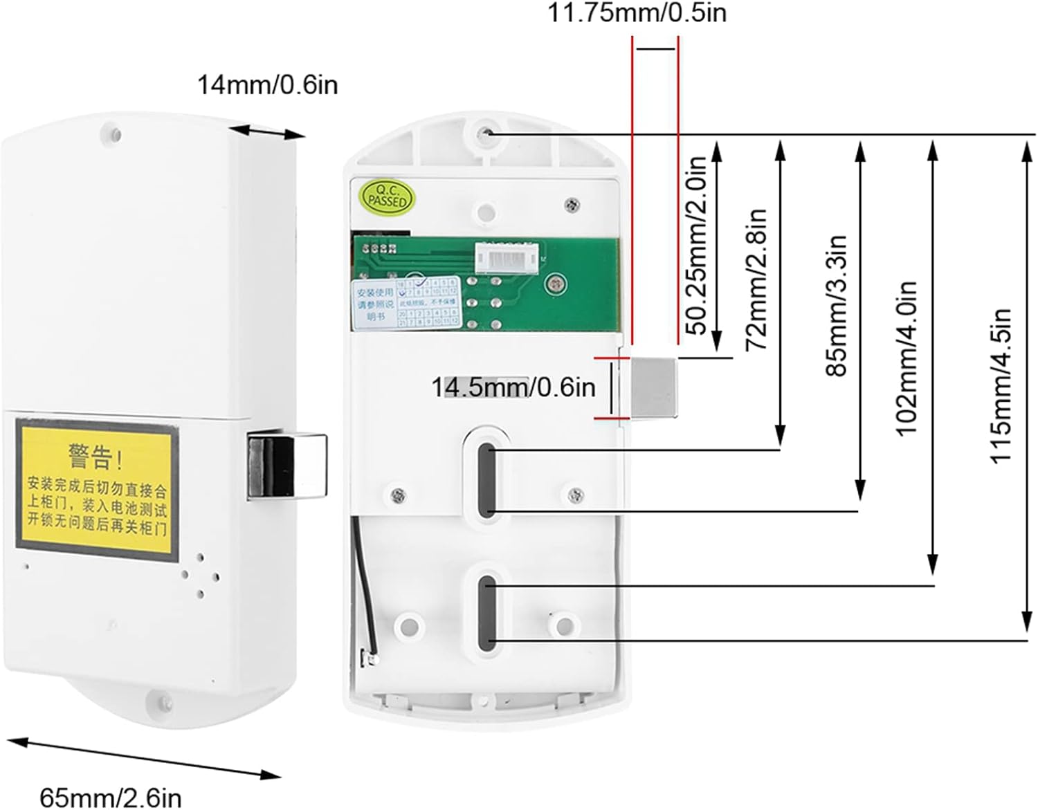 Detailed dimensions of the Ejoyous Electronic Cabinet Lock's internal lock body, showing various measurements in millimeters and inches.
