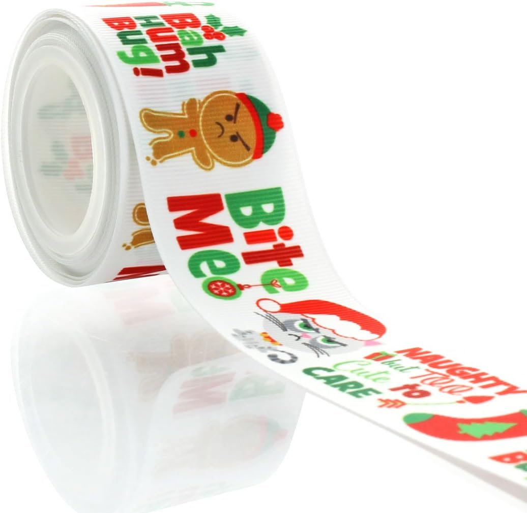 1.5" Naughty Christmas Kitty Grosgrain Ribbon 100yd