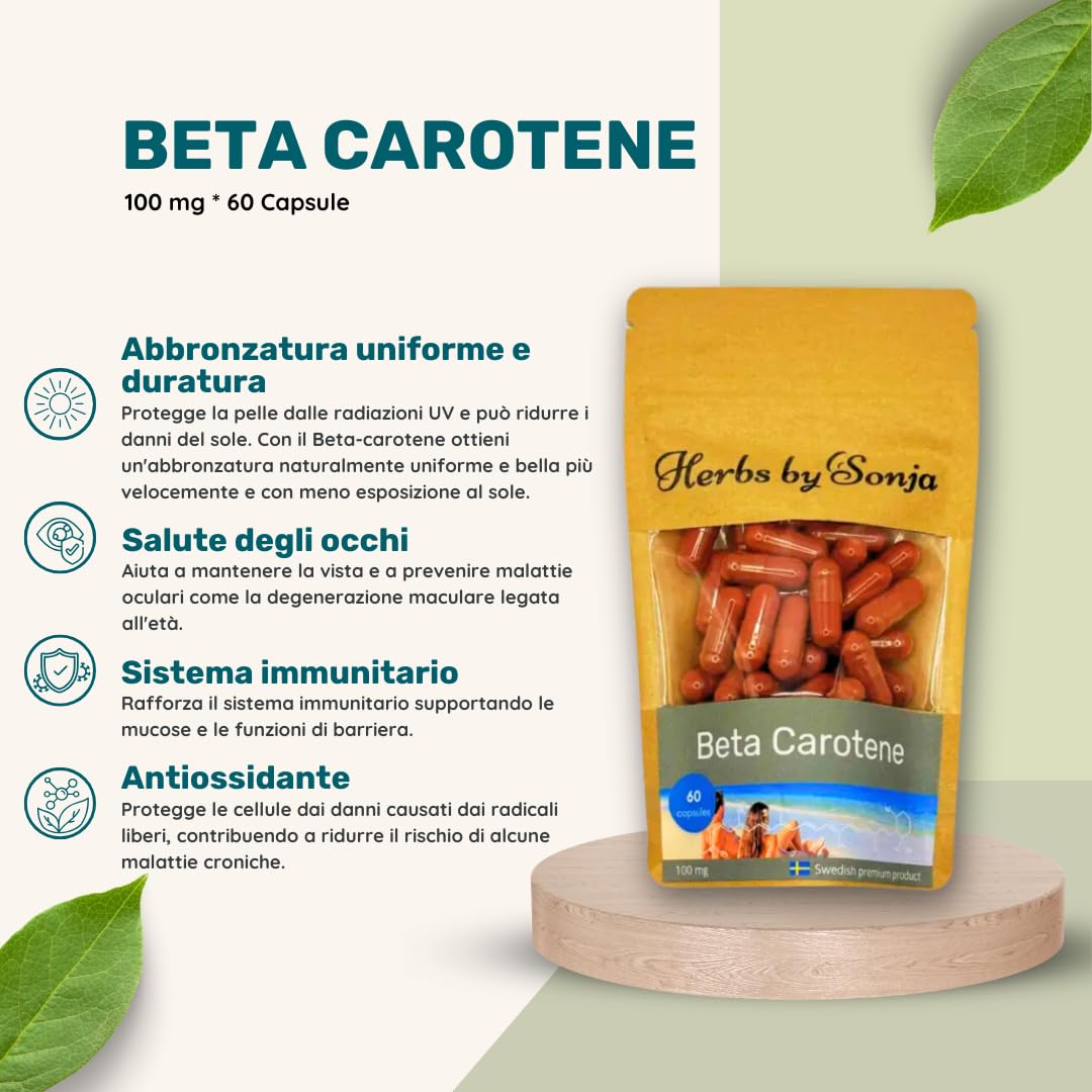 Beta Carotene 100 mg *60 Capsule - Beta Carotene Altamente Concentrato - Complesso di Beta Carotene che illumina il sole come acceleratore dell'abbronzatura