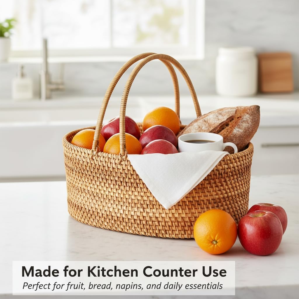 Handwoven Rattan Basket with Handle, 14 x 10.2 x 6 Inch, Handmade Storage Basket for Produce, Floral Arrangement and Holiday Gift Basket