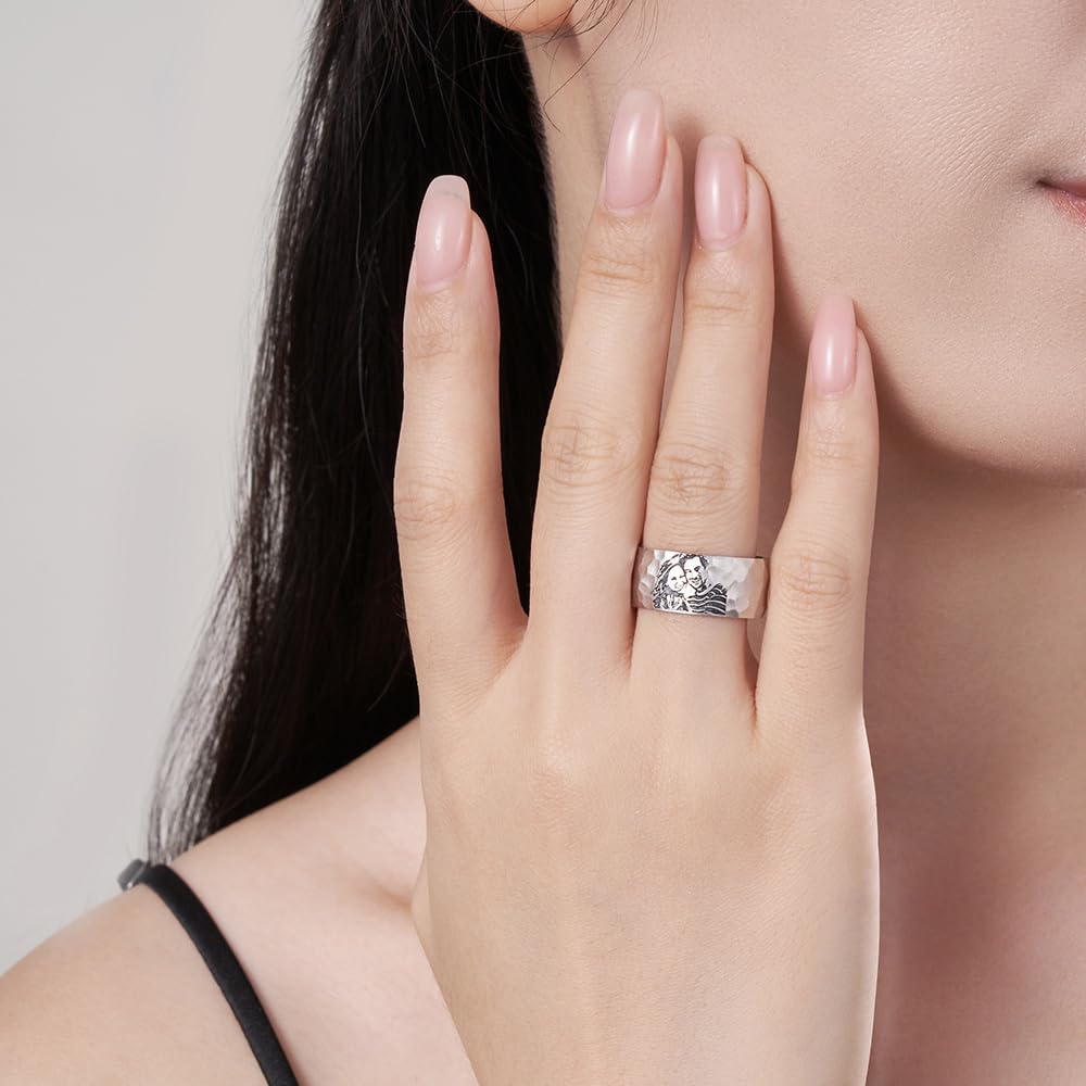 NICEDREAM 5-12mm Custom Photo Portrait Cut Unisex Sterling Silver Band Style Ring with Picture - Silver, Cartoon Theme - Father's Day, Engagement, Mother's Day