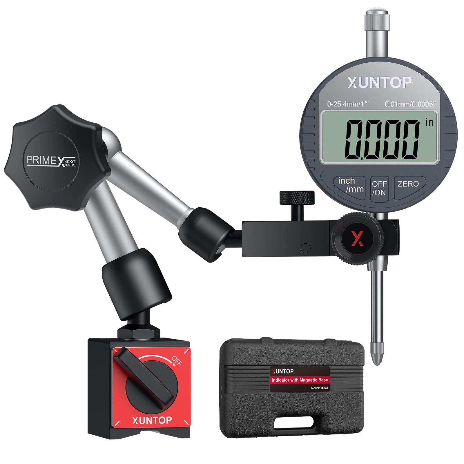 XUNTOP 25.4mm Comparateur Numérique avec 40kg Base Magnétique - LCD Affichage, Précision 0.01mm, Conversion mm/pouce - Outil de Mesure Professionnel pour Atelier, DIY et Usinage Industriel