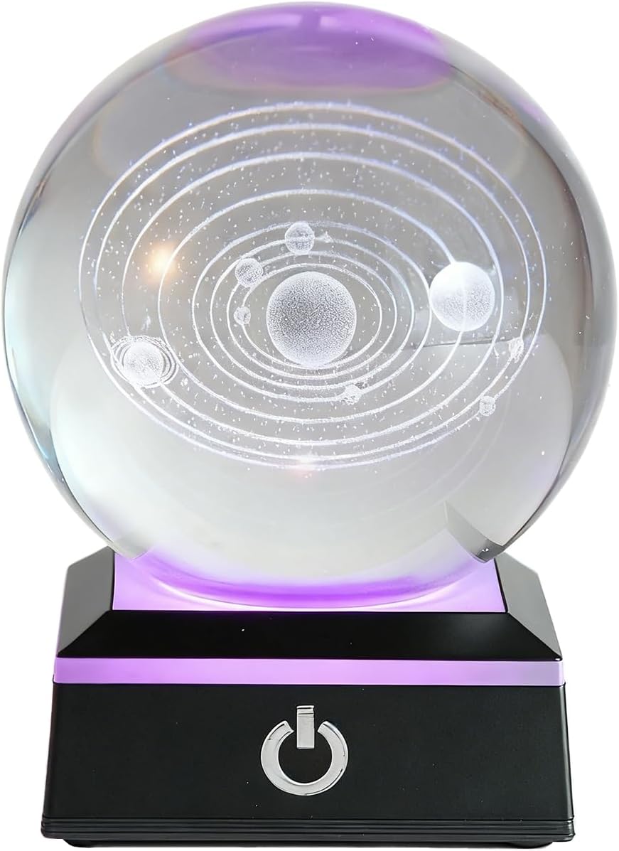 3D Photo voltaic System Crystal Ball, with LED Colour Lighting and Contact Base, 80mm Dimension, Crafted with Laser Engraving Know-how