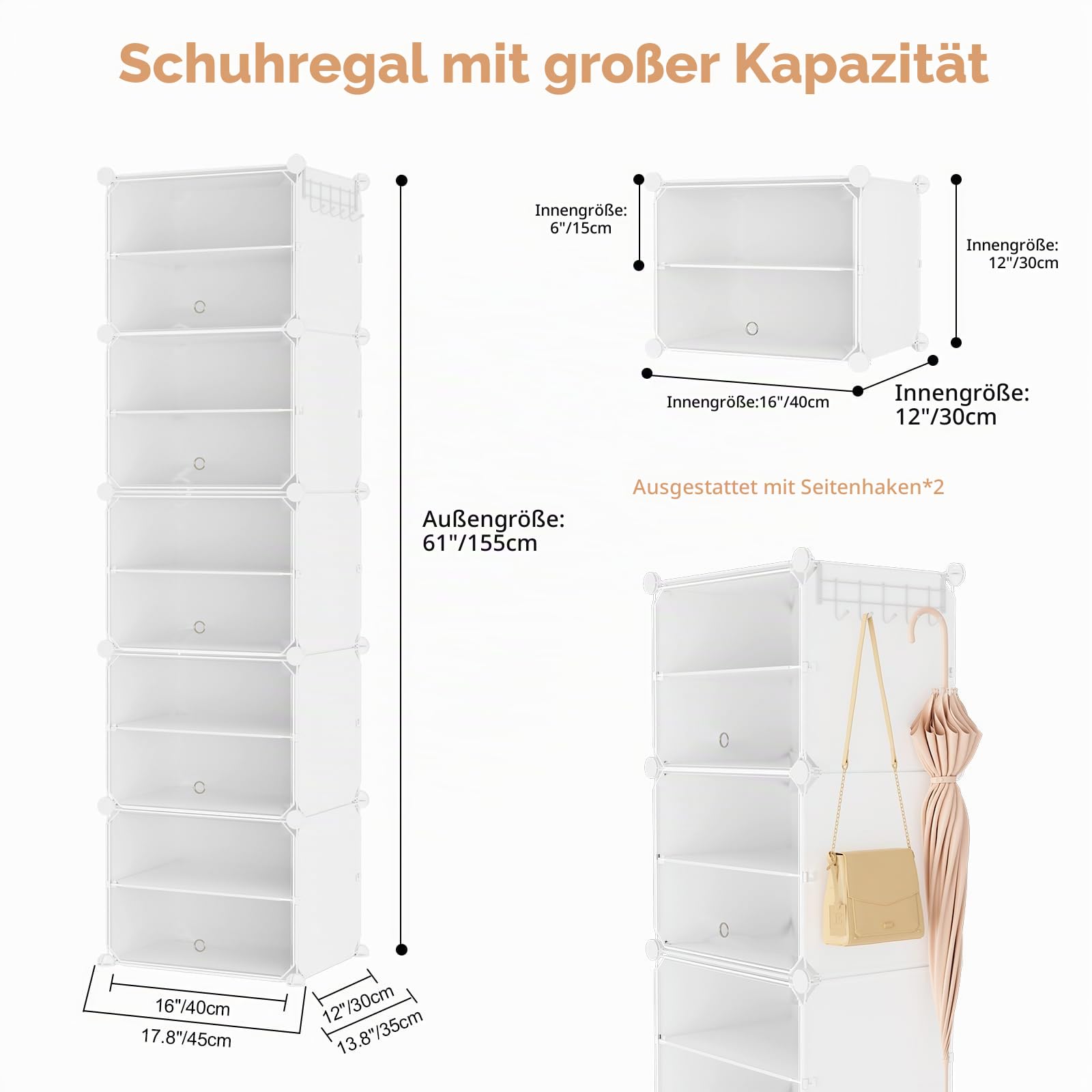 Schuhregal, Schuhschrank Organizer 10 Ebenen, Schuhschrank Schmal Schuhaufbewahrung für 20-22 Paar, Schuhregal Platzsparend Geschlossen mit Türen für Flur Schlafzimmerschrank (Weiß, 1 x 10)
