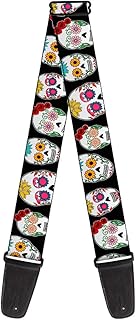 Guitar Strap Sugar Skull Outline Black Multi Color 2 Inches Wide