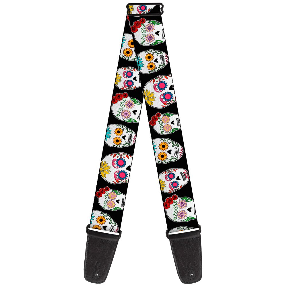 Guitar Strap Sugar Skull Outline Black Multi Color 2 Inches Wide