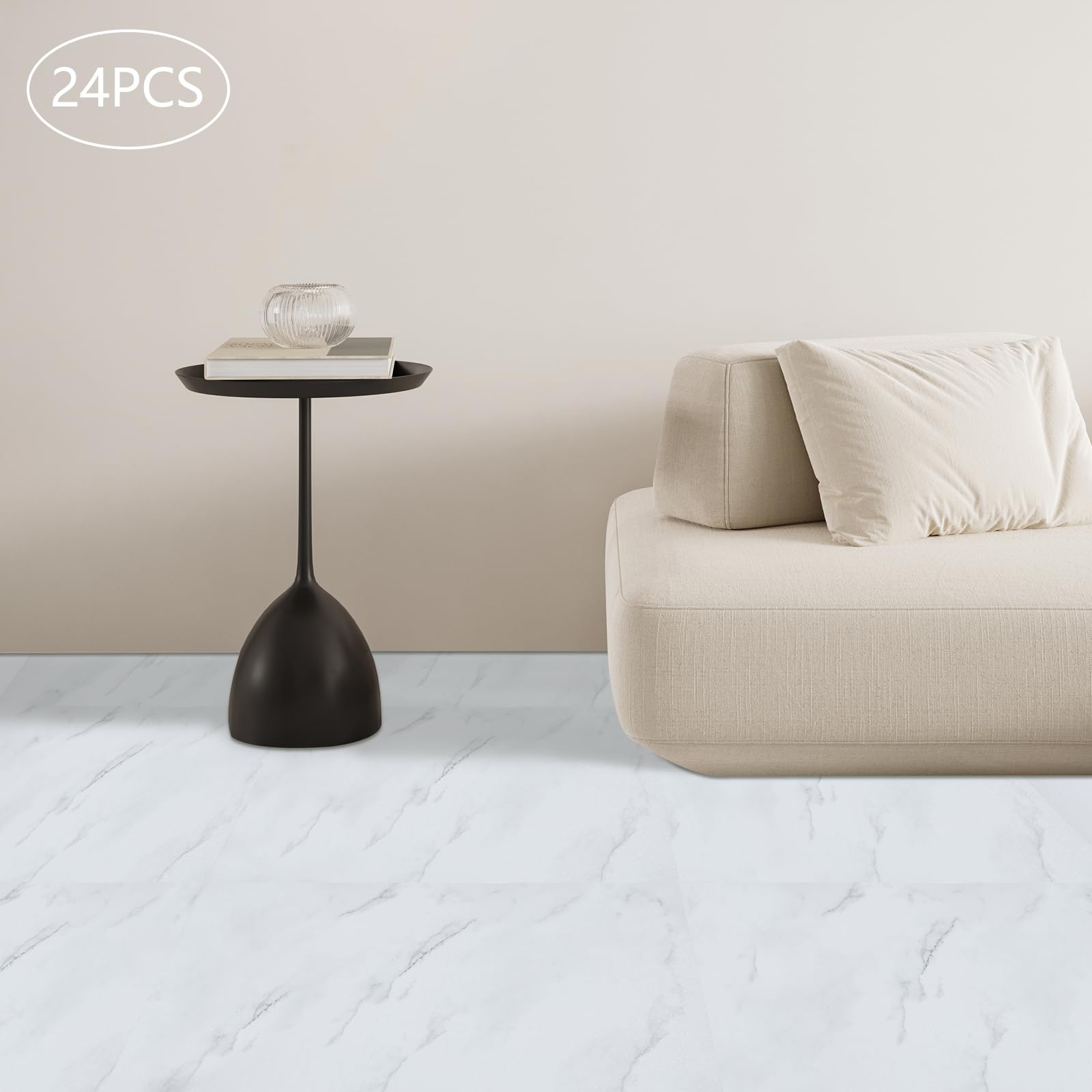 24 Stücke PVC Bodenbelag Selbstklebend, Rutschfest, Wasserfest, Laminat Rutschfeste Dekor-Dielen für Schlafzimmer Küche Wohnzimmer, 60cmx30cm, 1,3 mm Dicke, Weiß Marmor