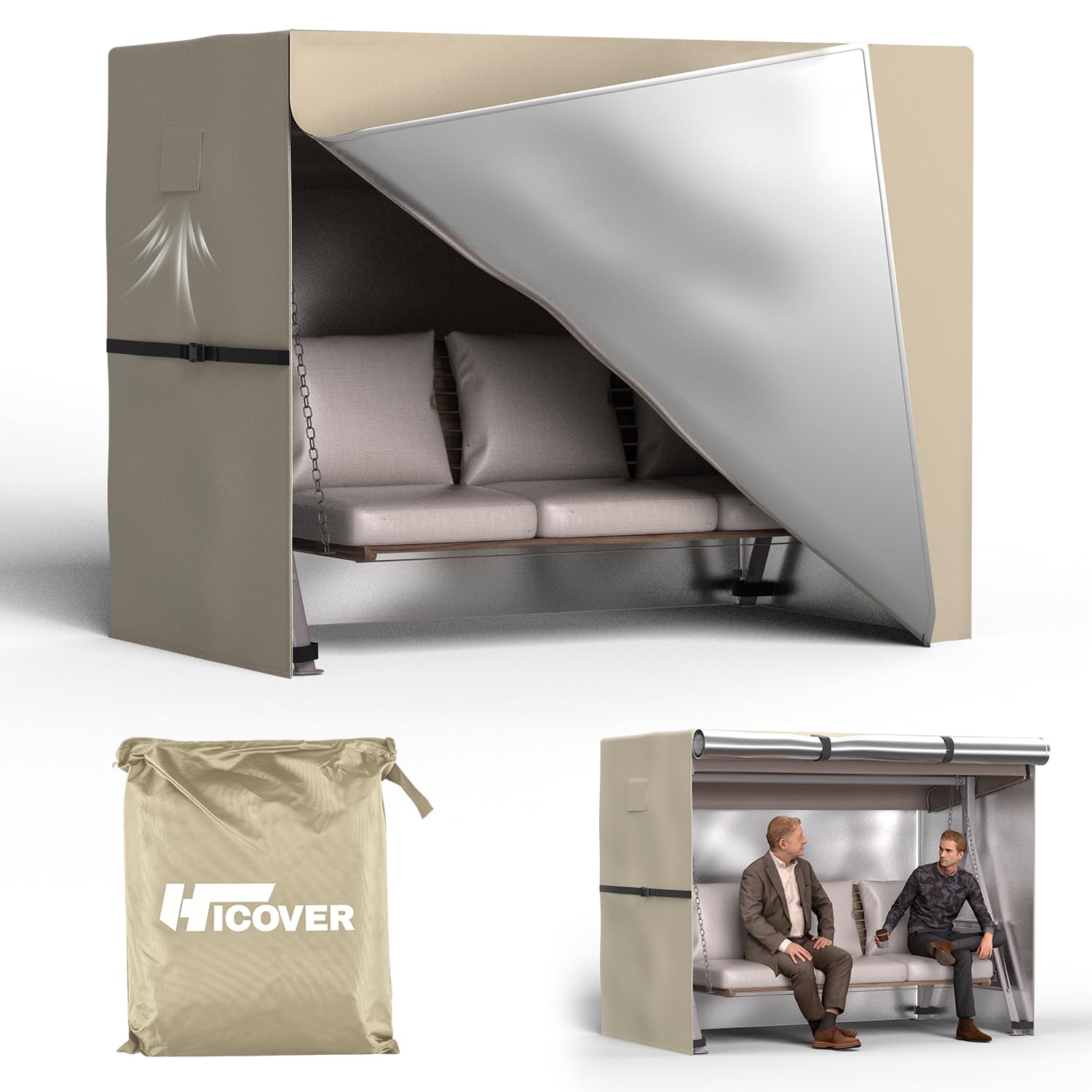 Hicover Khaki 3 Seater Garden Swing Covers Waterproof Heavy Duty 600D Oxford Fabric Outdoor Swing Chair Cover Windproof Anti-Uv Patio Garden Hammock Cover With Waterproof Zips